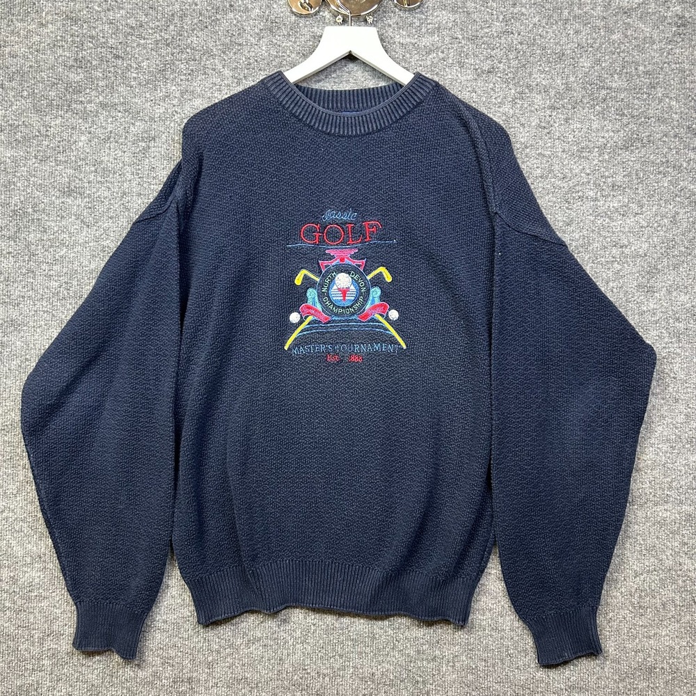 VTG 90s Cambridge Classics Golf Sweater Navy Heavy Knit Embroidered Pullover - M